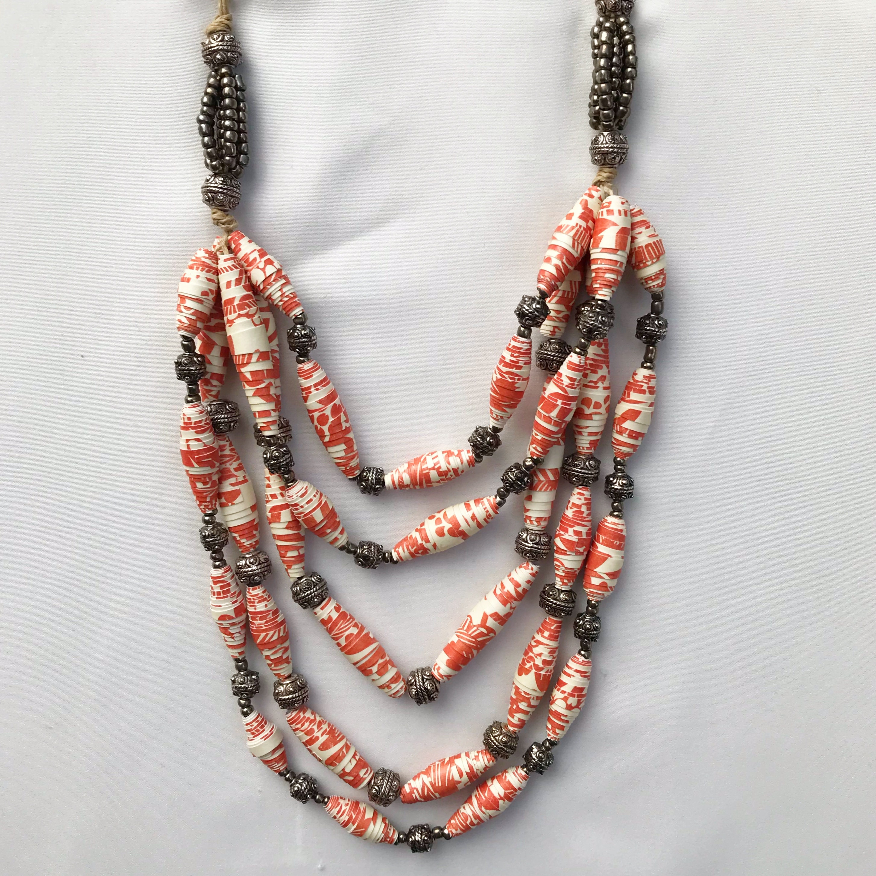 Red and Silver Chunky Bead Necklace, Multistrand Statement