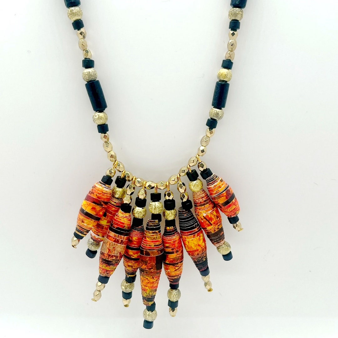 Black and Gold Mixed Bead Necklace, Chunky Single Strand Necklace for