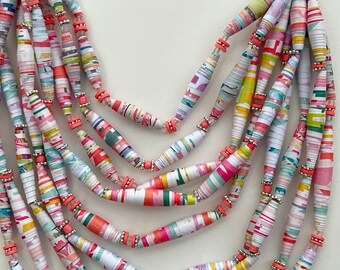 Colorful 9 Strand Mixed Bead Necklace, Multi-Strand Statement Necklace, Homemade Paper Bead Jewelry, Trendy Boho Necklace, Recycled Beads