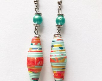 Green and Silver Paper Bead Earrings, Eco-Friendly Earrings, Colorful Statement Bead Jewelry, Recycled Paper Bead Jewelry, Quirky Earrings