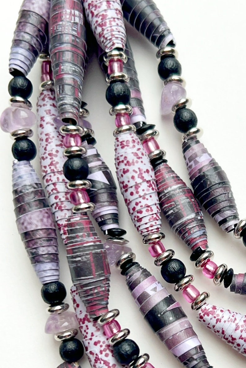 Black and Fuchsia 7-Strand Bead Necklace, Multicolor Statement Necklace, Handmade Paper Bead Jewelry, Lightweight Layering Necklace image 5