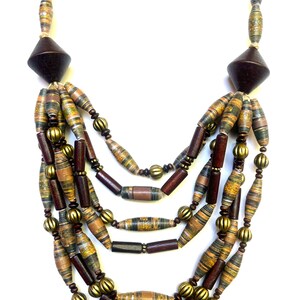 Brown and Gold Statement Bead Necklace, Multi Layer Chunky Necklace, Colorful Paper Bead Jewelry, Lightweight Necklace, Recycled Beads