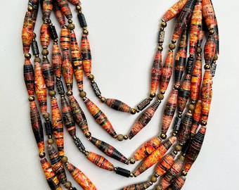 Black and Gold Long Layering Bead Necklace, Multistrand Paper Bead Necklace, Colorful Statement Jewelry, Trendy Bead Jewelry, Gifts for Her