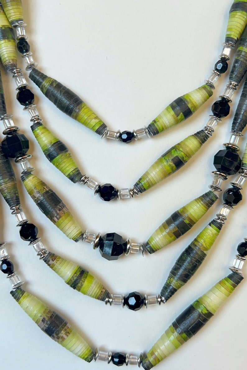 Green and Black Long Layering Bead Necklace, Multicolor Statement Bead Jewelry, Multistrand Statement Necklace, Sustainable Jewelry image 4