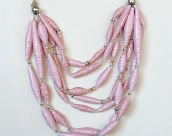 Pink and White Multistrand Statement Necklace, Colorful Paper Bead Necklace, Handmade Bead Jewelry, Layering Necklace, Sustainable Jewelry