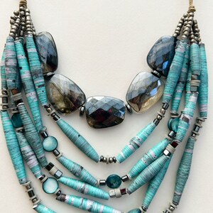 6 Strand Blue and Silver Necklace, Multistrand Bead Necklace, Colorful Paper Bead Jewelry, Chunky Layering Necklace, Sustainable Jewelry