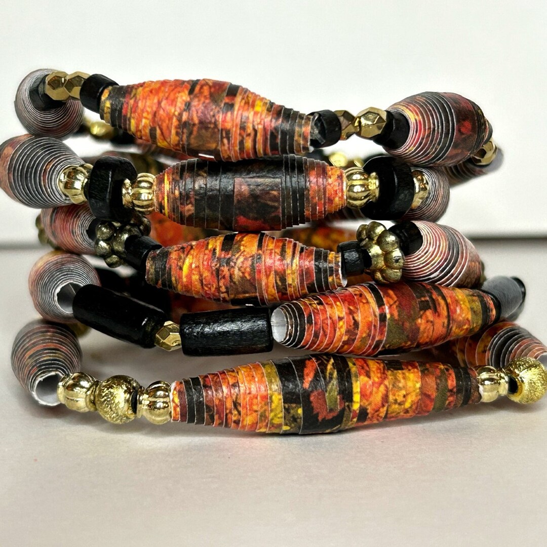 Black and Gold Bead Bracelets, 5 Piece Layering Bracelets, Paper Bead