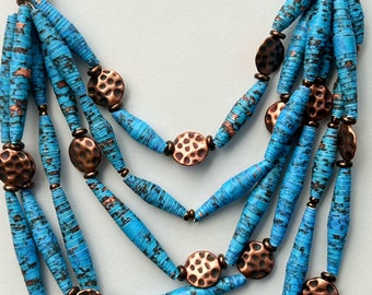 Blue and Bronze 6 Strand Bead Necklace, Paper Bead Statement Jewelry, Multicolor Layering Necklace, Trendy Boho Jewelry, Recycled Beads