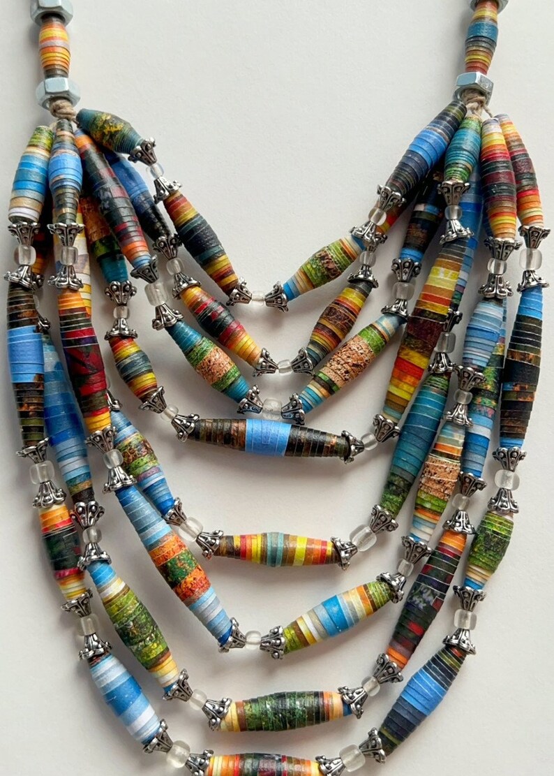 8-Strand Mixed Bead Necklace, Big Bold Statement Necklace, Colorful Paper Bead Jewelry, Chunky Layering Necklace, Trendy Boho Jewelry Bild 6