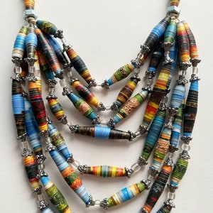 8-Strand Mixed Bead Necklace, Big Bold Statement Necklace, Colorful Paper Bead Jewelry, Chunky Layering Necklace, Trendy Boho Jewelry Bild 1