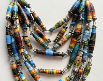 8-Strand Mixed Bead Necklace, Big Bold Statement Necklace, Colorful Paper Bead Jewelry, Chunky Layering Necklace, Trendy Boho Jewelry