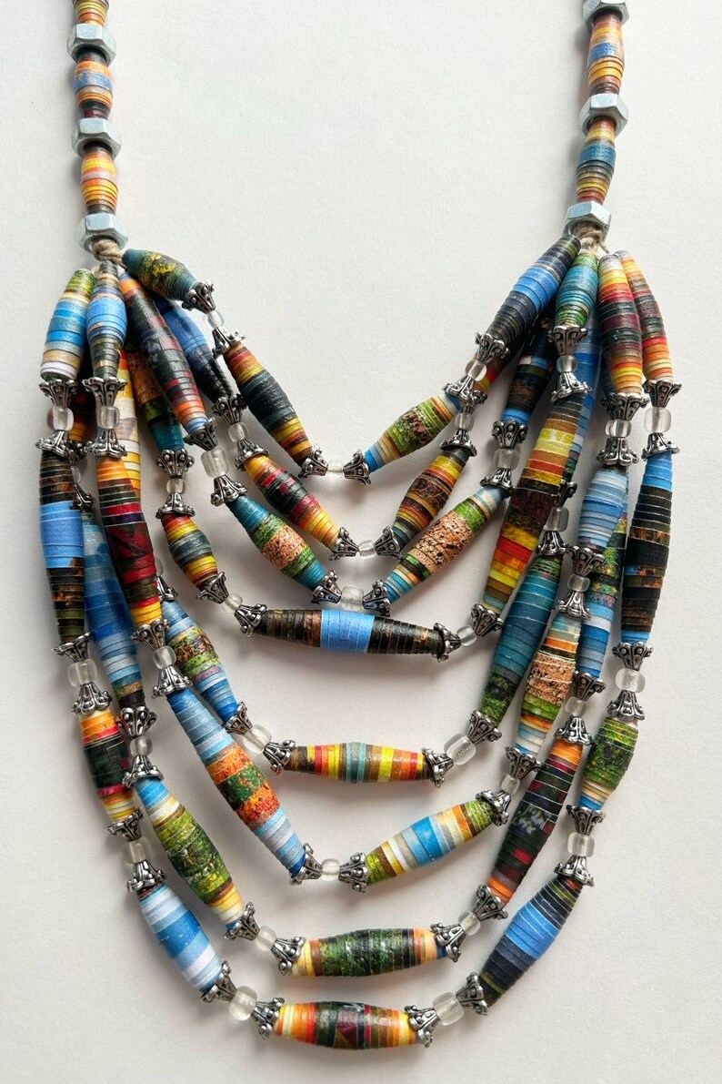 8-Strand Mixed Bead Necklace, Big Bold Statement Necklace, Colorful Paper Bead Jewelry, Chunky Layering Necklace, Trendy Boho Jewelry Bild 1