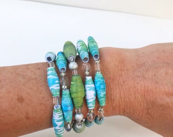 Blue and Green Mixed Bead Bracelets, Colorful Paper Bead Jewelry, Trendy Layering Bracelet Set, Eco-Friendly Jewelry, Trendy Bracelets
