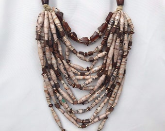 Brown and Bronze Multistrand Necklace, Colorful Statement Jewelry for Women, Paper Bead Necklace, Long Layering Necklace, Gift for Her