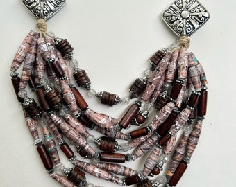 Brown and Silver Multistrand Bead Necklace, Chunky Layering Statement Necklace, Paper Bead Jewelry, Lightweight Necklace, Recycled Beads