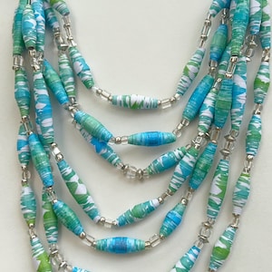Green and Blue 7 Strand Necklace, Colorful Paper Bead Jewelry, Long Layer Bead Necklace, Trendy Boho Jewelry, Necklace for Summer Vacation