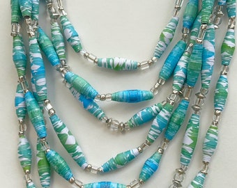 Green and Blue 7 Strand Necklace, Colorful Paper Bead Jewelry, Long Layer Bead Necklace, Trendy Boho Jewelry, Necklace for Summer Vacation