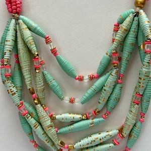 Mint Green & Gold 7 Strand Bead Necklace, Multistrand Colorful Statement Necklace, Handmade Paper Bead Jewelry, Long Stacking Necklace
