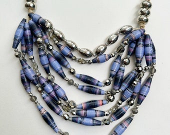 Purple and Silver 8 Strand Statement Necklace, Multistrand Paper Bead Necklace, Colorful Handmade Jewelry, Lightweight Chunky Necklace