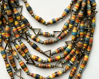 9-Strand Mixed Bead Statement Necklace, Colorful Long Layering Necklace, Trendy Paper Bead Jewelry, Chunky Necklace, Sustainable Jewelry