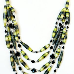 Green and Black Long Layering Bead Necklace, Multicolor Statement Bead Jewelry, Multistrand Statement Necklace, Sustainable Jewelry image 5