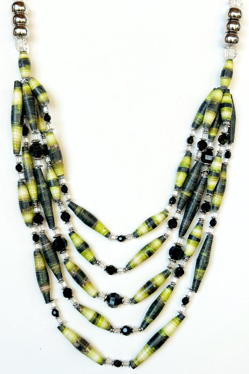 Green and Black Long Layering Bead Necklace, Multicolor Statement Bead Jewelry, Multistrand Statement Necklace, Sustainable Jewelry image 5
