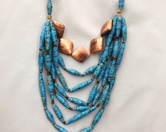 Bright Blue Mixed Bead Statement Necklace, Chunky Layering Necklace for Women, Colorful Paper Bead Jewelry, Multi-Strand Necklace