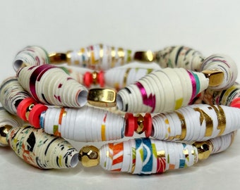 Multi-Color Mixed Bead Bracelets, 3 Piece Stack Bracelet Set, Paper Bead Statement Jewelry, Trendy Boho Jewelry, Layering Bracelets
