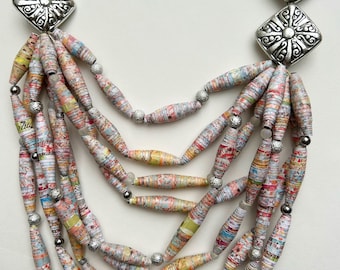 Colorful Long Layering Paper Bead Necklace, Handmade Bead Jewelry, Trendy Statement Necklace, Sustainable Jewelry, Mom Birthday Gift