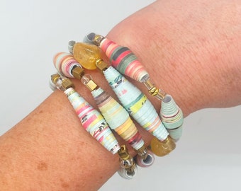 Multi-Color Gold Accent Stack Bracelets, Colorful Paper Bead Bracelet Set, Trendy Statement Jewelry, Layering Bead Bracelets, Bracelets