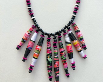 Black and Purple Single Strand Necklace, Colorful Paper Bead Jewelry, Lightweight Bead Bib Necklace, Statement Necklace, Sustainable Jewlery