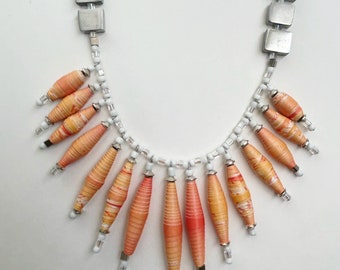 Orange Statement Bead Bib Necklace, Colorful Paper Bead Jewelry, Trendy Chunky Necklace, Lightweight Necklace, Sustainable Jewelry