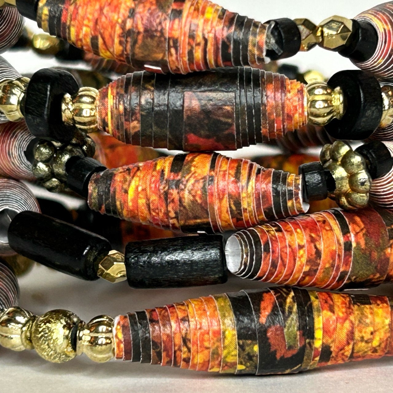 Black and Gold Bead Bracelets, 5 Piece Layering Bracelets, Paper Bead
