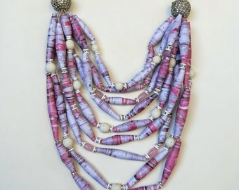 Pink and White Multistrand Statement Necklace, Colorful Paper Bead Necklace, Handmade Bead Jewelry, Layering Necklace, Sustainable Jewelry