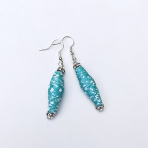 Blue Paper Bead Dangle Earrings: Eco-Friendly Statement Jewelry