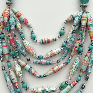 7 Strand Mint Green Necklace, Chunky Lightweight Necklace, Colorful Bead Jewelry,  Paper Bead Statement Necklace, Gift Ideas for Women