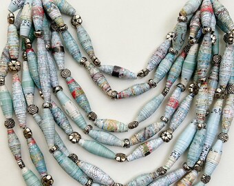 Multicolor Mixed Bead Statement Necklace, Trendy Paper Bead Jewelry, Long Layering Necklace, Lightweight Chunky Necklace, Recycled Beads