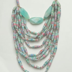 Mint Green 11-Strand Statement Necklace, Multicolor Paper Bead Jewelry, Mixed Bead Layering Necklace, Sustainable Boho Jewelry, Gift for Mom