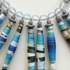 Blue and Silver Single Strand Necklace, Paper Bead Statement Necklace, Colorful Bead Jewelry, Lightweight Necklace, Eco-Friendly Jewelry afbeelding 7