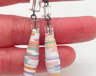 Pastel Colored Mixed Bead Drop Earrings, Colorful Paper Bead Jewelry, Quirky Dangle Earrings, Recycled Jewelry, Lightweight Earrings