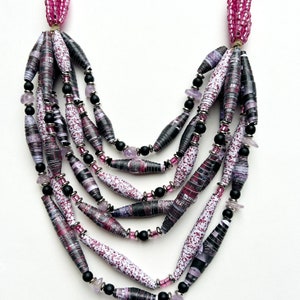 Black and Fuchsia 7-Strand Bead Necklace, Multicolor Statement Necklace, Handmade Paper Bead Jewelry, Lightweight Layering Necklace image 1