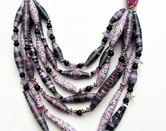 Black and Fuchsia 7-Strand Bead Necklace, Multicolor Statement Necklace, Handmade Paper Bead Jewelry, Lightweight Layering Necklace