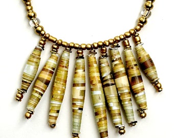 Gold Mixed Bead Bib Necklace, Paper Bead Statement Necklace, Colorful Trendy Bead Jewelry, Single Strand Necklace, Eco-Friendly Jewelry