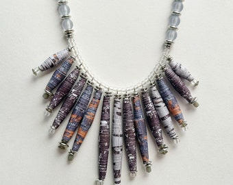 Silver and Purple Mixed Bead Necklace, Colorful Paper Bead Jewelry, Lightweight Bib Necklace, Trendy Boho Necklace, Eco-Friendly Necklace