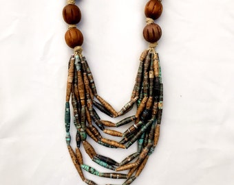 Collier superposé de perles mélangées marron et bleu sarcelle, collier multi-brins épais pour femme, bijoux en perles de papier coloré, collier écologique