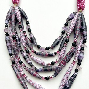 Black and Fuchsia 7-Strand Bead Necklace, Multicolor Statement Necklace, Handmade Paper Bead Jewelry, Lightweight Layering Necklace image 10