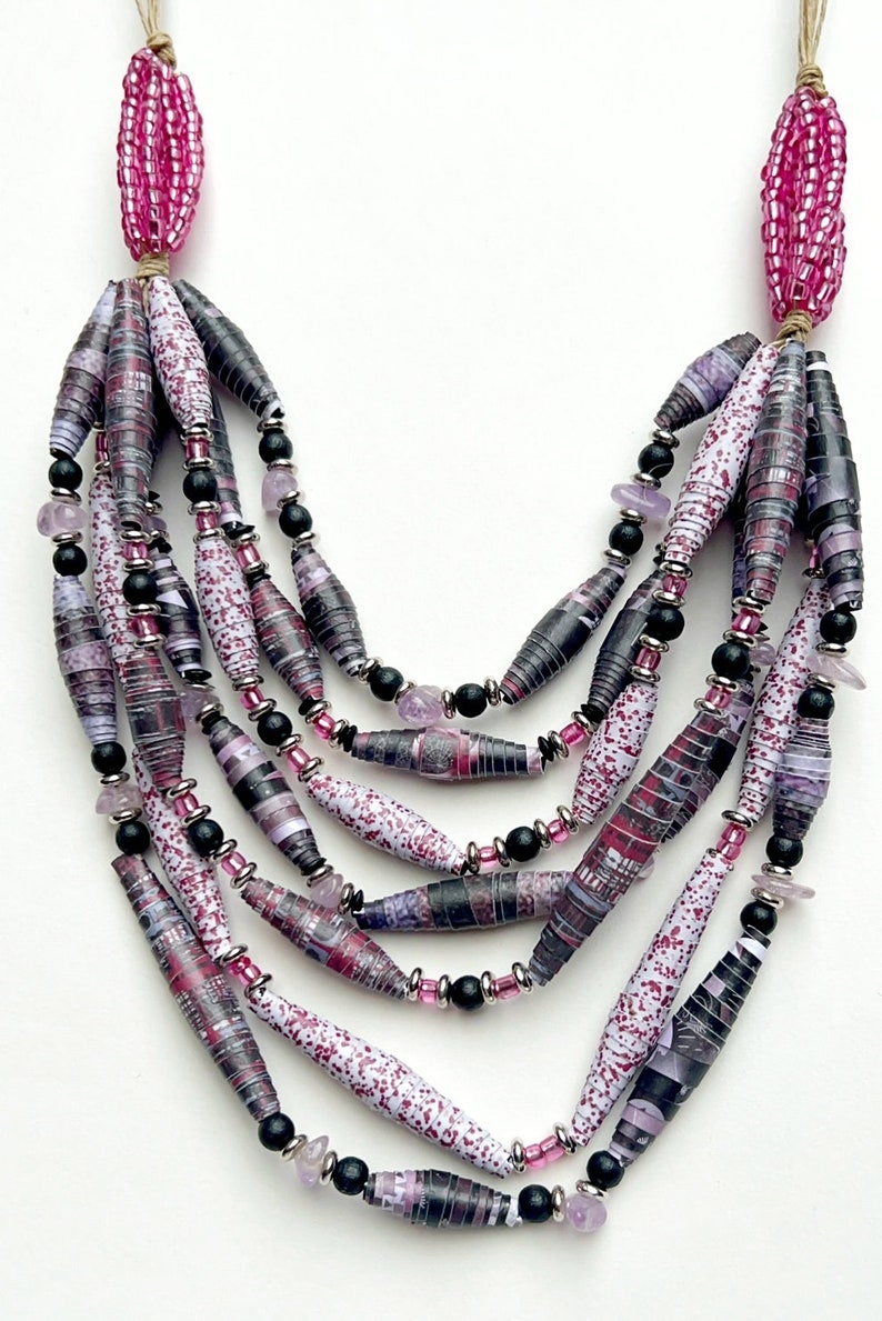 Black and Fuchsia 7-Strand Bead Necklace, Multicolor Statement Necklace, Handmade Paper Bead Jewelry, Lightweight Layering Necklace image 10