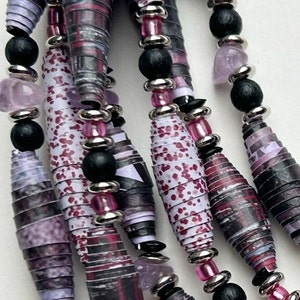 Black and Fuchsia 7-Strand Bead Necklace, Multicolor Statement Necklace, Handmade Paper Bead Jewelry, Lightweight Layering Necklace image 9