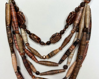 Brown and Bronze Multi-Strand Necklace, Paper Bead Statement Necklace, Colorful Trendy Jewelry, Chunky Layering Necklace, Boho Jewelry