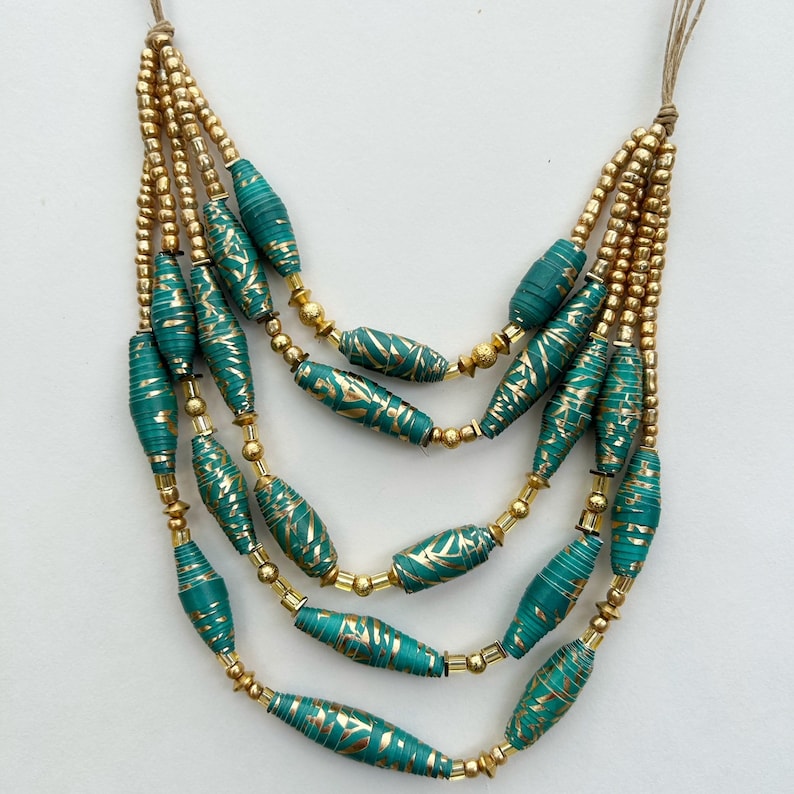 Ocean Blue and Gold 5 Strand Necklace, Mixed Bead Statement Necklace ...